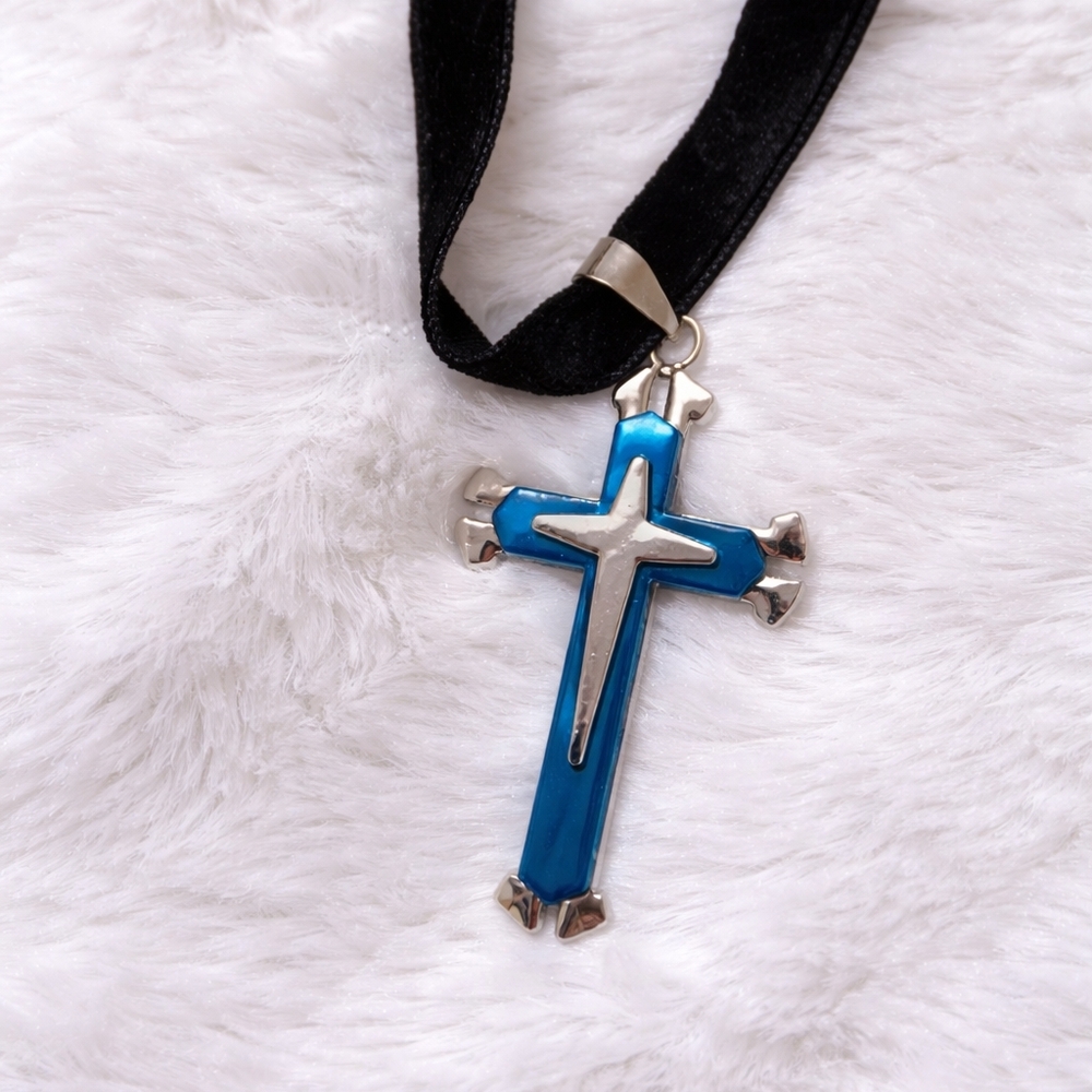 Blue Cross Pendant Necklace Choker